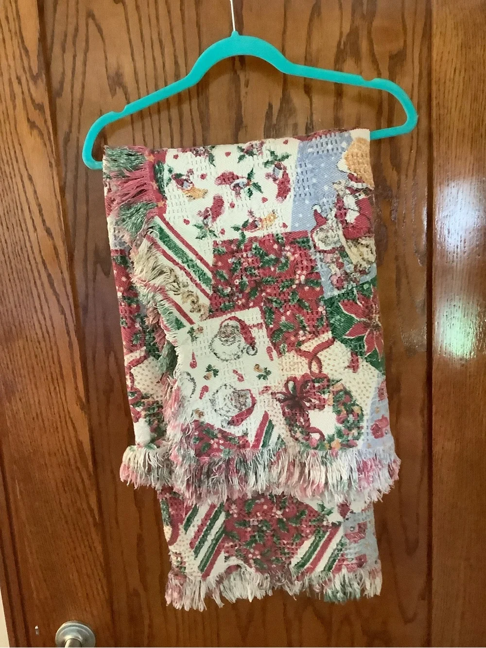 Christmas Poinsettia & Santa Woven Holiday Throw - Red, Green, Cream